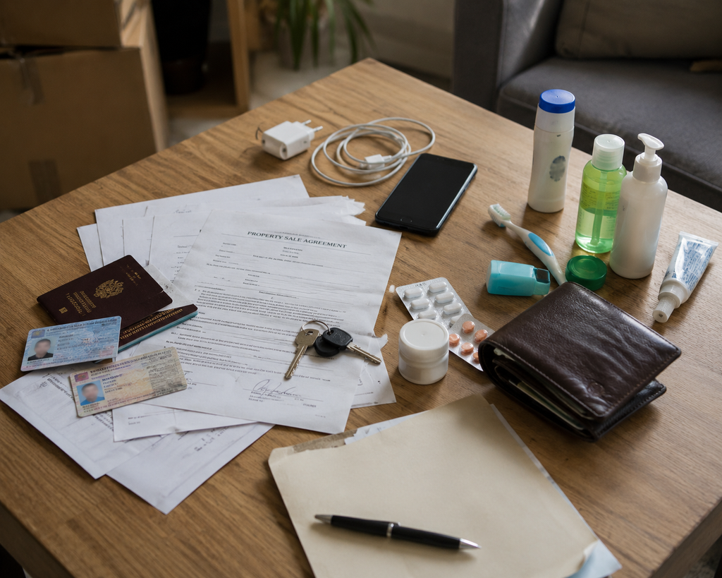 A cluttered wooden table during a house move in sydney, covered with  Sydney property documents, identification cards, house keys, a smartphone and charger, a wallet, basic toiletries, and important medication, arranged casually among folders and paperwork in a home setting.